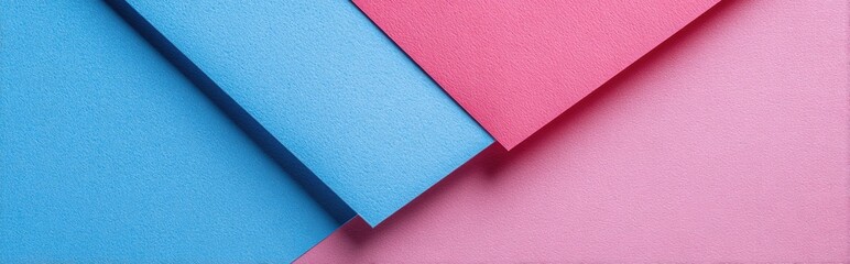 Geometric abstract composition featuring overlapping paper sheets in shades of blue and pink