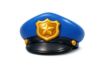 Blue police officer hat with golden star badge on gray background for law enforcement design