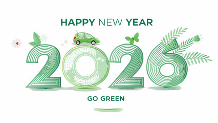 Happy new year 2026 with a green car and eco friendly elements