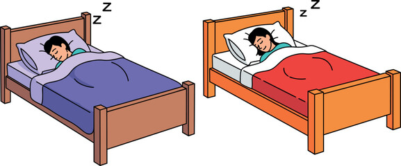 Vector illustration set of male and female characters sleeping peacefully in wooden beds with colorful red and purple blankets