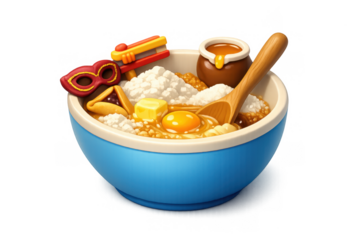 Whimsical breakfast bowl with egg, rice, and fun elements for creative design