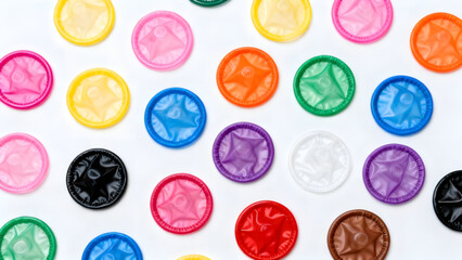 Colorful Condoms Pattern on White Background, Sexual Health Awareness Concept.