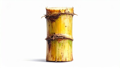 Minimal studio close-up of a sugarcane stalk with visible nodes and green leaves, clean white background, natural texture, sharp focus, botanical detail, simple agricultural presentation.