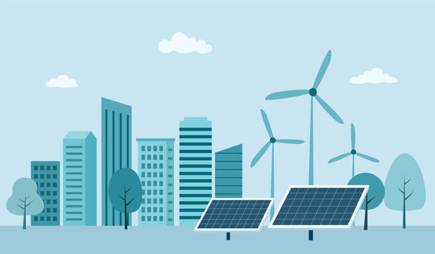 Environmental care and use clean energy from renewable sources and low carbon concept, Wind power generators and Solar cells panels. Solar city background.