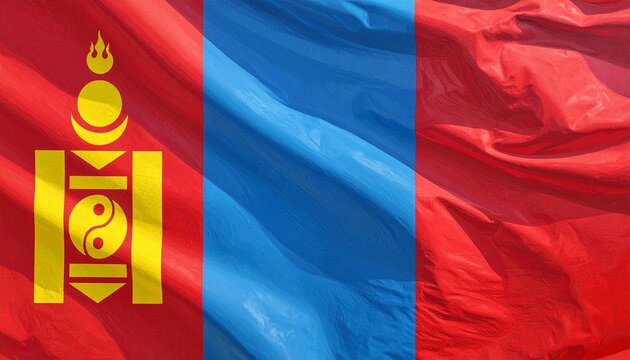 Oil-paint textured illustration of the Mongolia flag, red and blue vertical bands with golden Soyombo symbol, flowing fabric motion, bold contrast, expressive brush strokes, dramatic lighting.