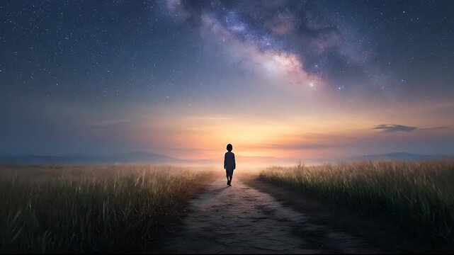 A lone figure walks down a path through tall grass towards a breathtaking sunset and starry night sky with the Milky Way visible in the distance slowly.