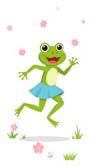 A happy green frog in a blue skirt runs under falling pink flowers