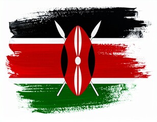 Kenya Flag Brushstroke Design with Maasai Shield and Crossed Spears on Tricolor Stripes