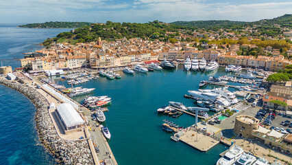 Aerial view of Saint-Tropez in summer, a famous tourist destination on the Cote d'Azur, France.