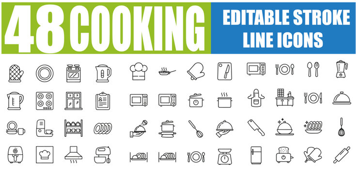Set of 48 Premium Outline Icons for Cooking, Kitchen, Recipes and Culinary Arts - Linear Icon Collection with Editable Stroke Vector Illustration - SEO Optimized and Top Ranked on Adobe Stock and Shut