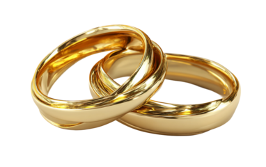 Decorative pair of gold rings styled as symbolic jewelry captured in clean high key studio setup isolated on transparent background PNG