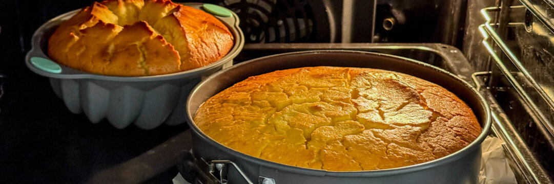 Golden cakes rising in cosmic oven warmth, evoking Carnival's indulgence and International Baking Day's sweet crescendo