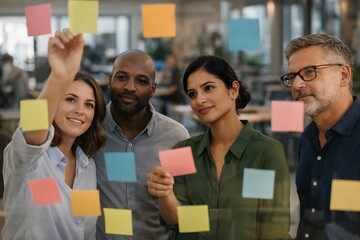 Creative professionals brainstorming ideas together during a collaborative thinking session in a modern office, using blank notes and relaxed interaction to encourage innovation, teamwork, and profess