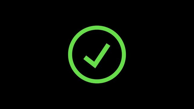 Green circle check mark icon on a transparent background. Flat 2d animation with loading motion. Approved verification concept.