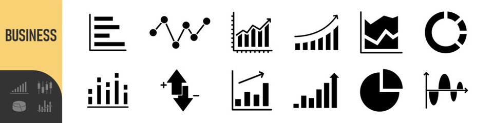 Business data charts. Diagrams and graphs. Business data market elements, statistic and data, infographics business, money, down or up, analytic report. Set of financial marketing black diagrams © Nort Kor