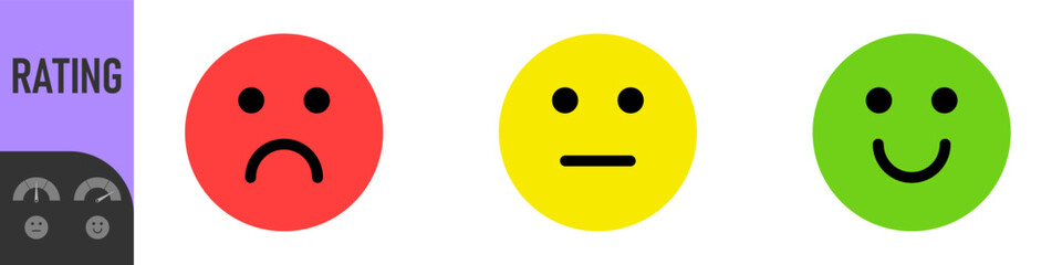 Fototapeta premium Colorful rating meter icons, Gauges and emoji with happy, neutral, and sad faces showing satisfaction performance levels from low (red) to high (green) for feedback, review, and evaluation