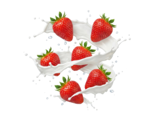 Isolated Fresh Red Strawberries with Milk or Yogurt Splash Swirl on Transparent Background