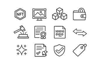 NFT Icon Collection. NFTs. Line outline icon set of NFTs: NFT token, digital artwork frame, blockchain cube,