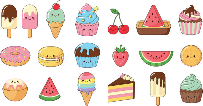 Cute kawaii dessert and fruit icon set with ice cream cupcakes donuts macarons watermelon and sweets vector