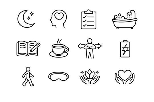  Self care routine. Line outline icon set of Self care routine: rest moon, healthy mind, care