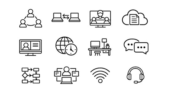  Remote Teamwork. Line outline icon set of remote teamwork: remote team users, laptop