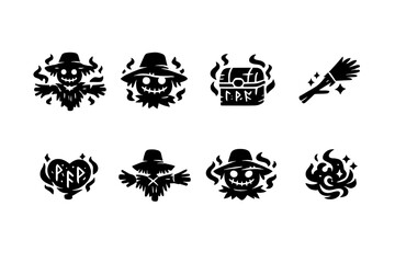 Obraz premium Enchanted scarecrow. Filled icon set of Enchanted scarecrow: magic scarecrow, glowing eyes,