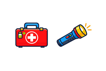 First Aid Kit and Flashlight Icon Set