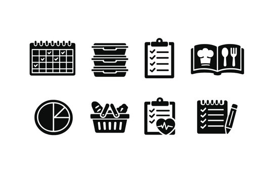 Meal Planning Icons. Meal Planning. Filled icon set of Meal Planning: weekly calendar, meal prep containers,