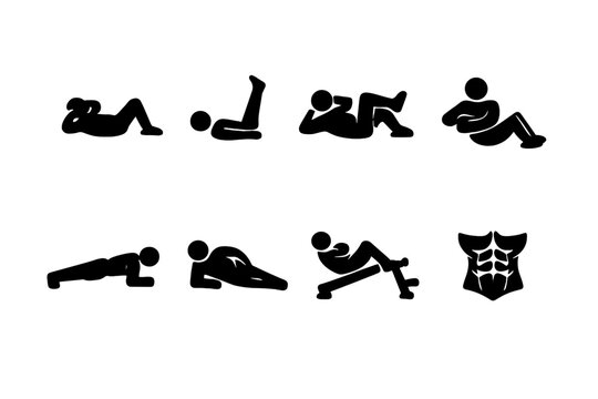 Core Workout Icons. Core Workout. Filled icon set of Core Workout: abdominal crunch, leg raise, bicycle crunch