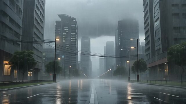Japanese urban landscape during a severe typhoon with violent winds swaying trees and heavy rain blowing through high-rise buildings.