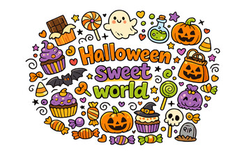  Halloween sweet world. Hand-drawn doodle illustration of Halloween sweet world. cupcakes,