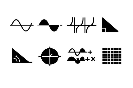 Trigonometry Icon Set. Trigonometry. Filled icon set of Trigonometry: sine wave, cosine wave, tangent graph,