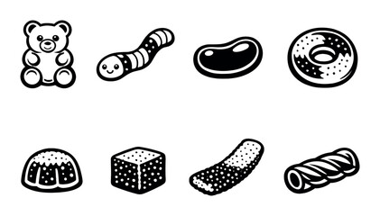 Assorted cartoon sweets and treats on black background