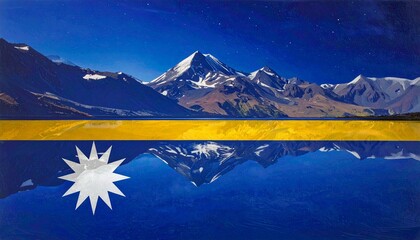 Oil-paint textured illustration of the Nauru flag, deep blue field with yellow stripe and white star, flowing fabric motion, bold contrast, expressive brush strokes, dramatic lighting, high detail.