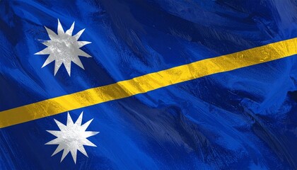 Oil-paint textured illustration of the Nauru flag, deep blue field with yellow stripe and white star, flowing fabric motion, bold contrast, expressive brush strokes, dramatic lighting, high detail.