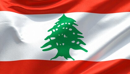 Oil-paint textured illustration of the Lebanon flag, red and white bands with green cedar tree, flowing fabric motion, bold contrast, expressive brush strokes, dramatic lighting, high detail.