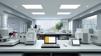 Innovative laboratory experimentation research facility high-tech equipment modern workspace wide-angle view scientific discovery