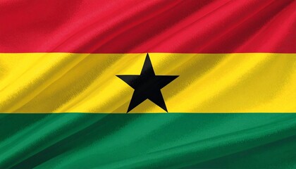 Oil-paint textured illustration of the Ghana flag, flowing fabric motion, red yellow green stripes with black star, bold contrast, expressive brush strokes, dramatic lighting, high detail.
