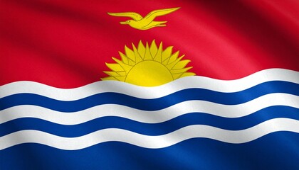 Oil-paint textured illustration of the Kiribati flag, red field with golden frigate bird and rising sun over blue white waves, flowing fabric motion, bold contrast, expressive brush strokes.