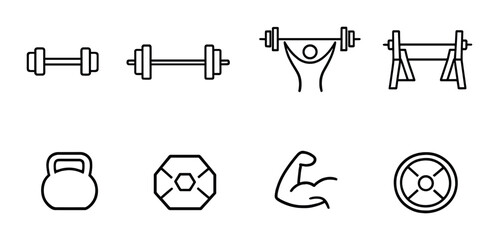 Minimalist gym icon set featuring dumbbells, barbell, and fitness symbols