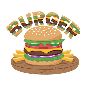 Juicy hamburger with meleted cheese, lettuce, tomato and sesame bun served with crispy golden fries. classic fast food combo, perfect for menus, food ads, snack icons, and tasty digital illustrations.