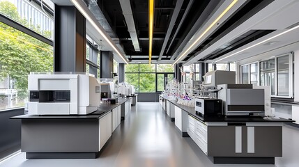 Modern laboratory design urban research facility architectural interior bright environment wide angle view innovative concepts for science