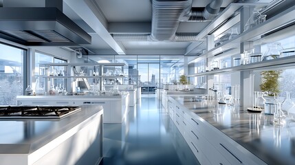 Fototapeta premium Modern laboratory interior design urban city professional workspace clean environment wide angle innovation and research
