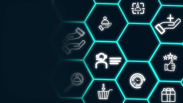 USP Optimization and Digital Business Growth Concept with Neon Hexagon Icons, Smart Technology, Process Automation, Performance Analytics and Modern Corporate Workflow Background Animation