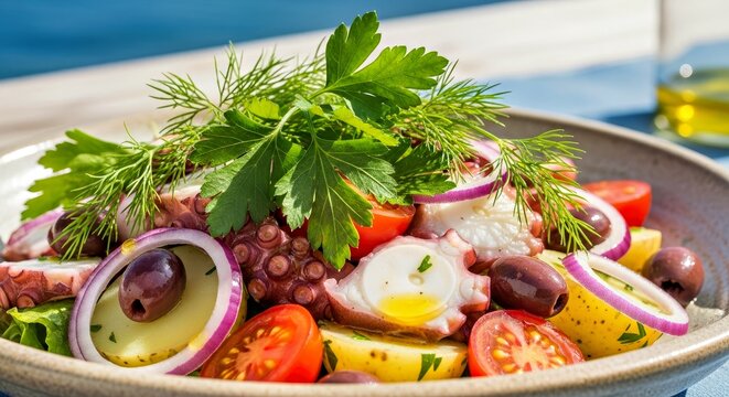Close-Up of Vibrant Croatian Octopus Salad with Tender Seafood and Mediterranean Herbs