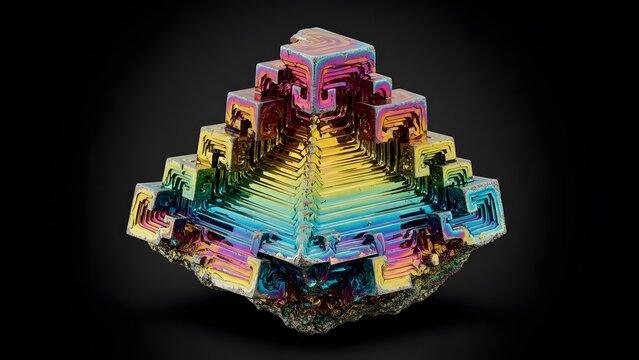 Laboratory-grown bismuth metal crystal displaying iridescent rainbow oxidation layers forming perfect geometric stepped pyramid structures on black background