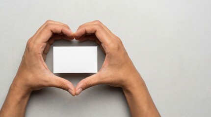 A pair of hands forms a heart shape around a blank white business card mockup on a minimal gray background with copy space.