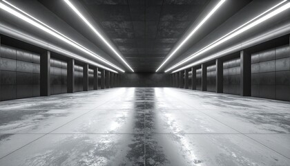 Futuristic industrial corridor with polished concrete floor, linear LED lights, symmetrical perspective.