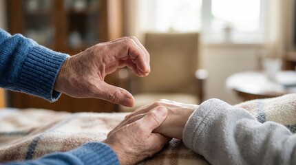 Senior adult's hands forming a heart gesture while gently holding the hand of their partner under a cozy blanket in a soft, bright indoor setting symbolizing care and enduring love