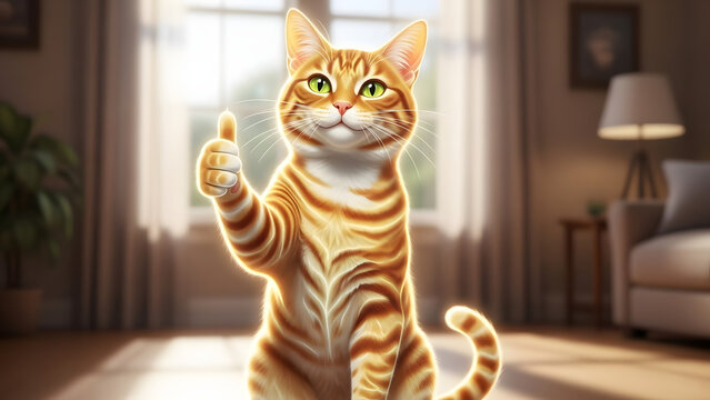 Cheerful Ginger Tabby Cat Giving Thumbs-Up Gesture in Cozy Home
